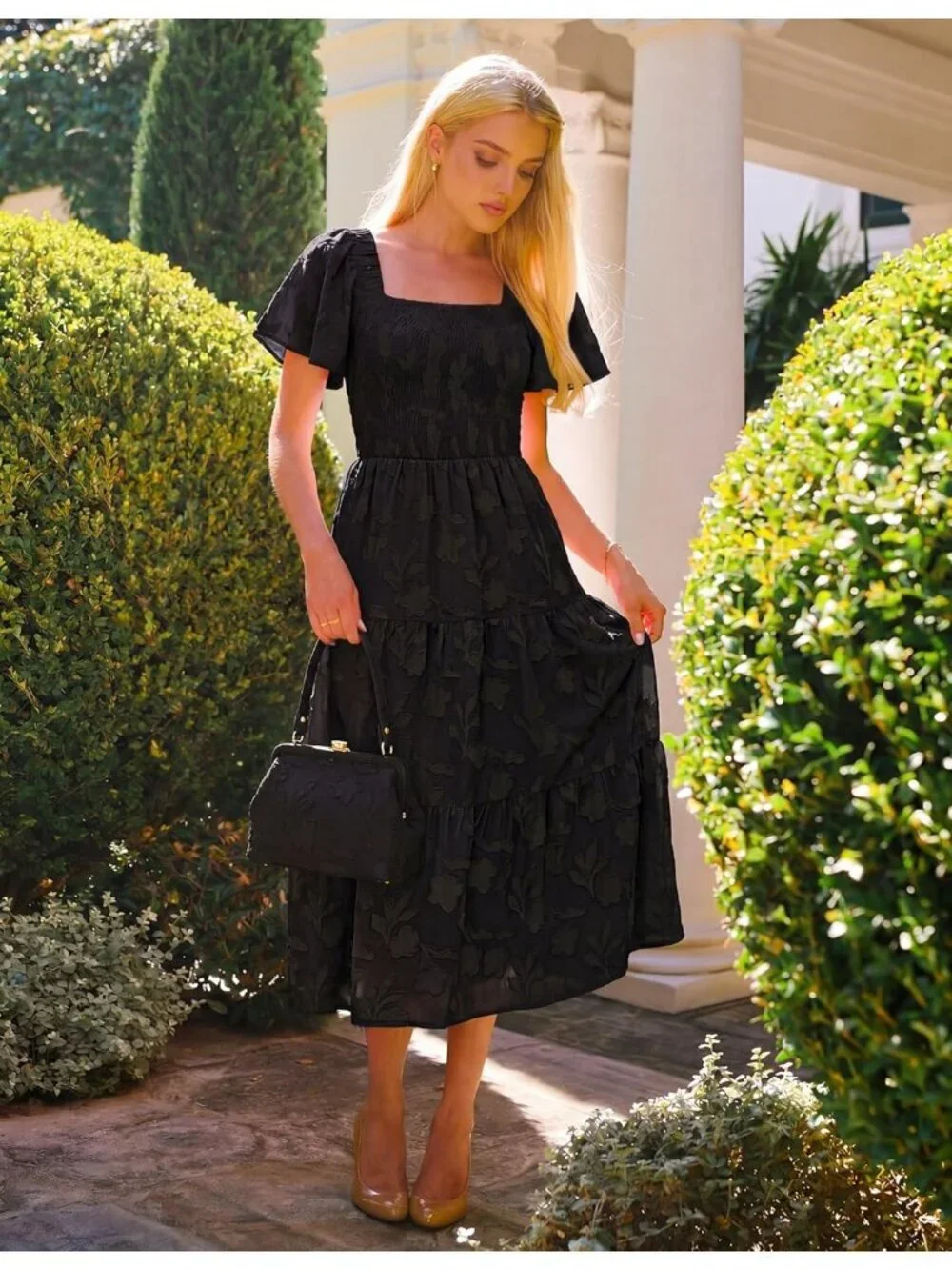 Women‘s Summer Boho Floral Midi Dress Black Short Sleeve Square Neck Flowy Beach
